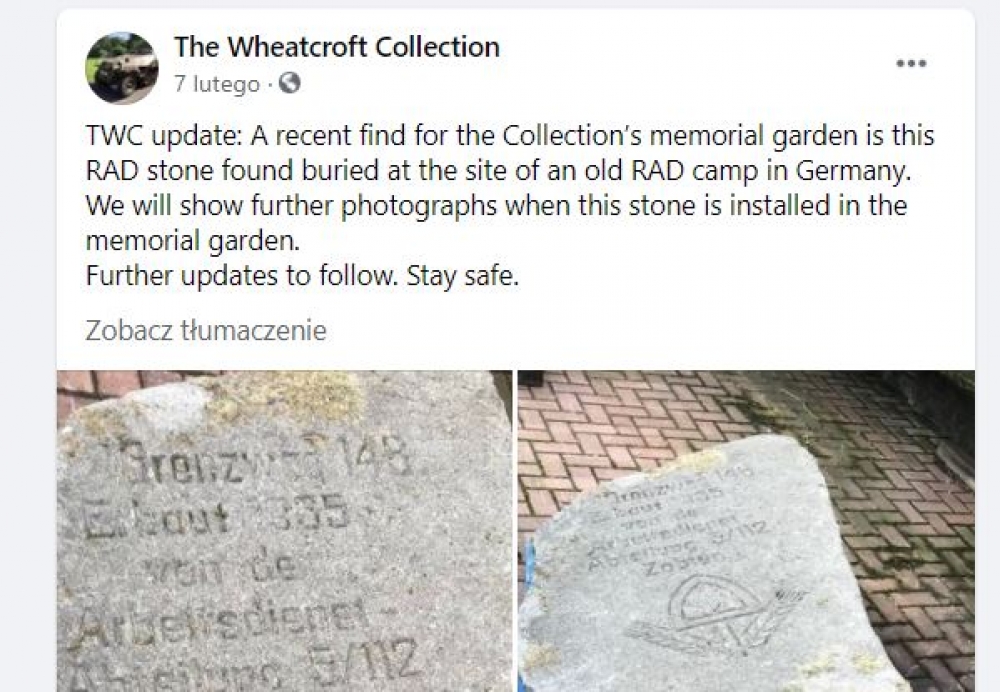 Tablica ze zboczy Ślęży odnalazła się... 1500 kilometrów dalej - w ogródku brytyjskiego kolekcjonera - fot. screen z FB The Wheatcroft Collection