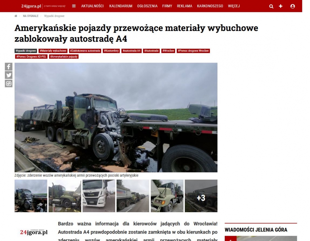 Koniec utrudnień na A4 w związku z kolizją z udziałem konwoju wojskowego na autostradzie - (fot. 24jgora.pl)