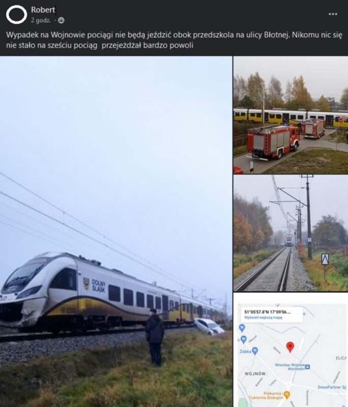 Samochód wjechał pod pociąg. W aucie dwójka małych dzieci  - fot: Gmina Czernica - Forum Mieszkańców