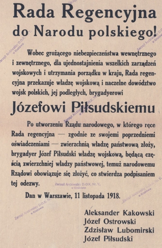 Dźwiękowa Historia: Droga do niepodległości - Fot. Odezwa Rady Regencyjnej o przekazaniu władzy nad wojskiem Józefowi Piłsudskiemu, Polona, CC-BY-NC.