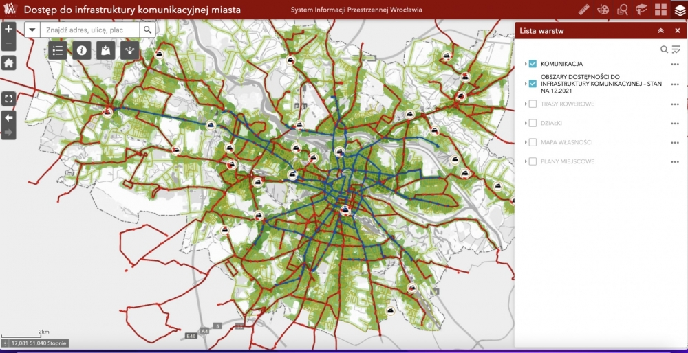 Zielony pająk, czyli mapa dostępności komunikacyjnej - Fot. Geoportal 