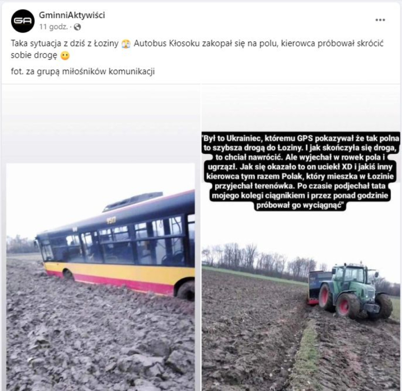 Autobus... ugrzązł w polu [FOTO] - fot. Facebook