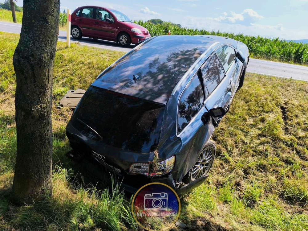 Czołówka na Drodze Krajowej nr 35 – samochód w rowie – fot. Paweł Bielawski, Pomoc Drogowa Kąty Wrocławskie Wrocław A4 A8 osobowe, dostawcze, ciężarowe / Facebook