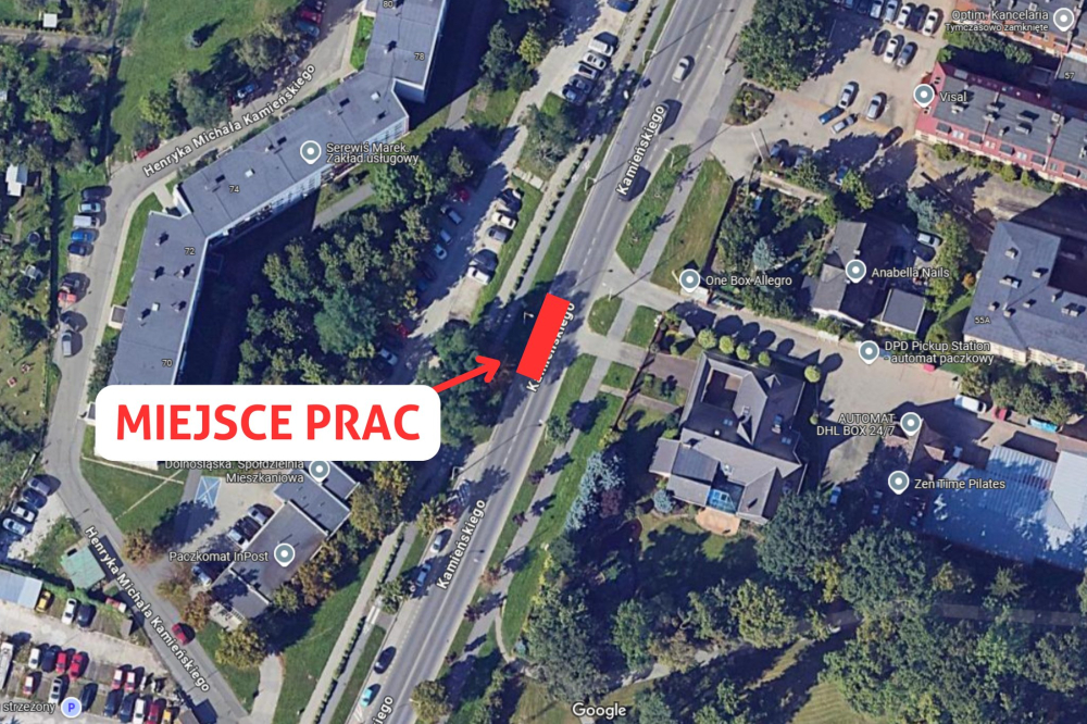 Awaria sieci wodociągowej na ul. Kamieńskiego we Wrocławiu! Ruch wahadłowy i utrudnienia dla kierowców - W tym miejscu będą prowadzone prace przez brygady MPWiK Wrocław. Fot: MPWiK Wrocław (za Google Maps)