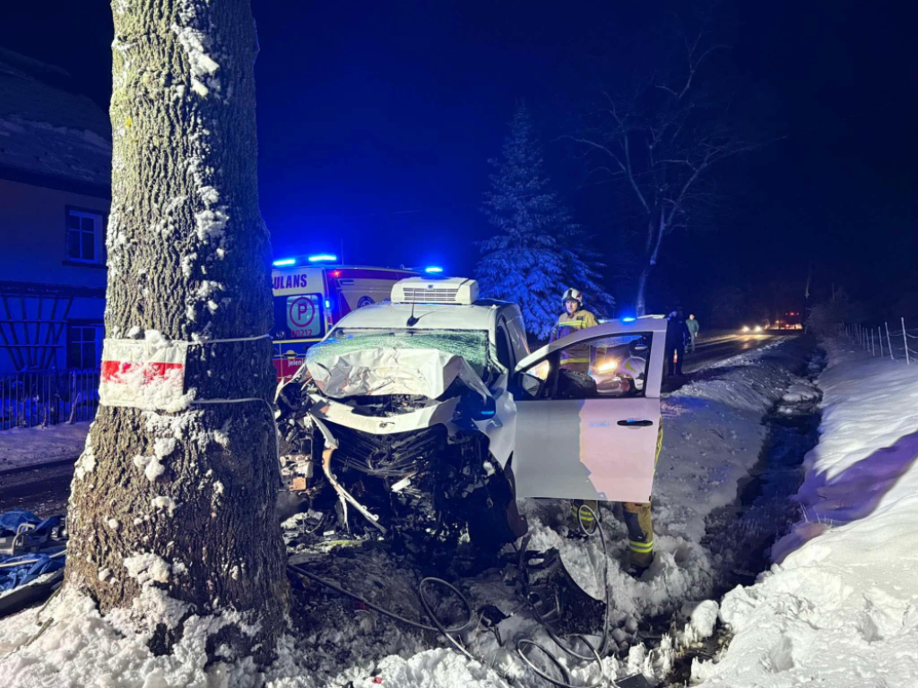 Tragiczny wypadek na Dolnym Śląsku. Dostawca cateringu zginął po uderzeniu w drzewo – Tragiczny wypadek w Kaczorowie. Fot. Ochotnicza Straż Pożarna w Kaczorowie (Facebook)