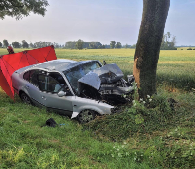 Śmiertelny wypadek w Przecławicach. Samoch&oacute;d osobowy z ogromną siłą uderzył w drzewo