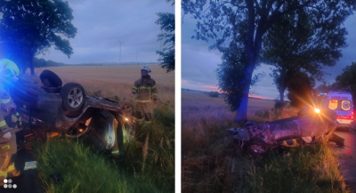 Nocne dachowanie samochodu osobowego w powiecie złotoryjskim. Kierowca pojazdu trafił po opiekę ratownik&oacute;w