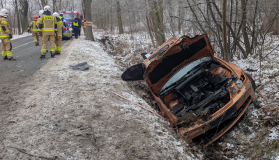 BMW wypadło z drogi na zakręcie. Kierowca ma prawo jazdy od 2 miesięcy