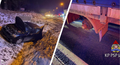 Koła odpadły z ciężar&oacute;wki i uderzyły w osob&oacute;wkę. Trzeci pojazd wpadł do rowu