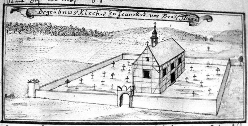 400 lat oszustwa. Grabarze z Ząbkowic niewinni? - Kaplica cmentarna na rysunku z 1755 roku (autor: Friedrich Bernard Werner, źródło: BU Wrocław)