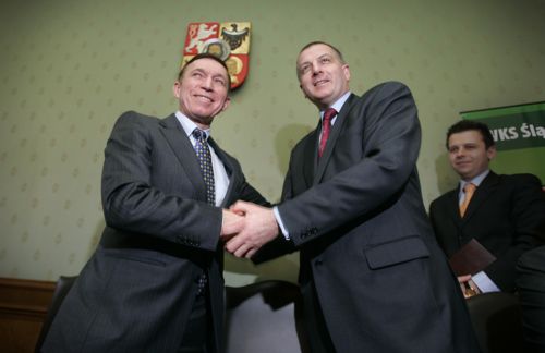 Dlaczego Dutkiewicz zerwał fuzję Śląska z Groclinem? (Posłuchaj) - 3 marca 2008 roku. Zbigniew Drzymała i Rafał Dutkiewicz (Fot. Paweł Relikowski / "Polska - Gazeta Wrocławska")