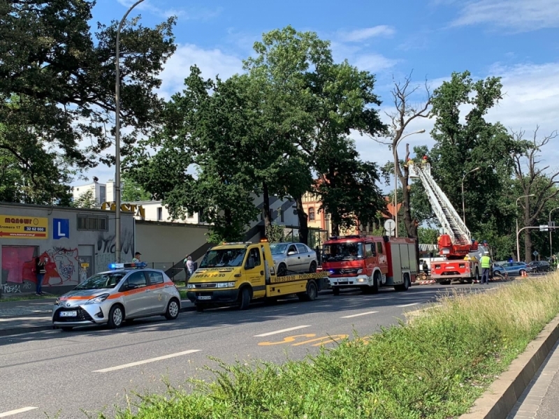 Fragment drzewa spadł na samochód. Utrudnienia w ruchu we Wrocławiu - zdjęcie od słuchacza Radia Wrocław