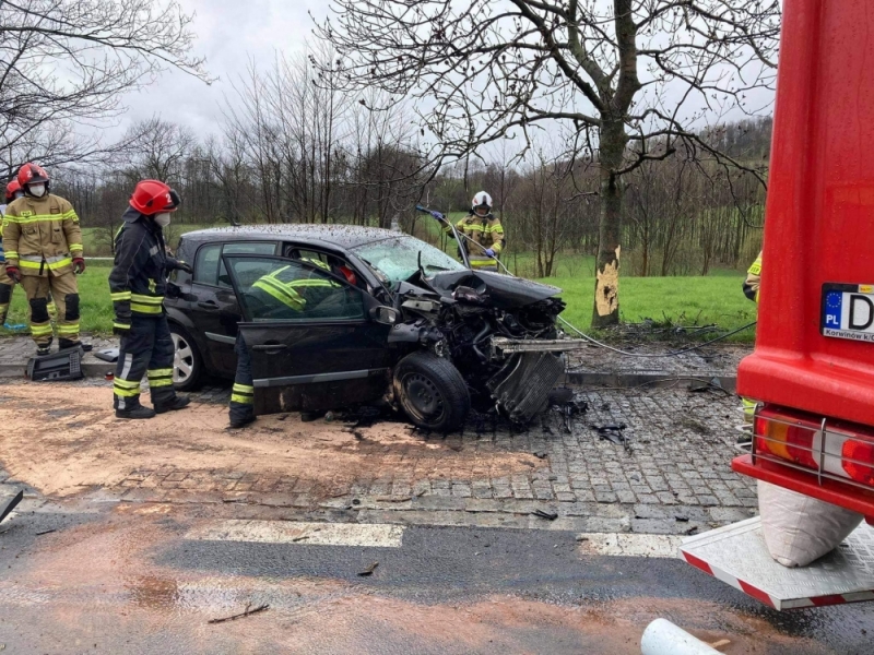 Kolejny wypadek na Dolnym Śląsku. Pojazd uderzył w drzewo, 4 osoby ranne - fot. Ochotnicza Straż Pożarna w Kaczorowie/Facebook