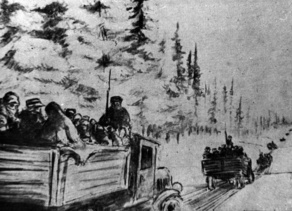 80 lat temu ZSRS przeprowadził czwartą deportację Polaków - mat. IPN (Transport więźniów odkrytymi ciężarówkami po drodze z drewnianych okrąglaków. Rys. nieznanego łagiernika)