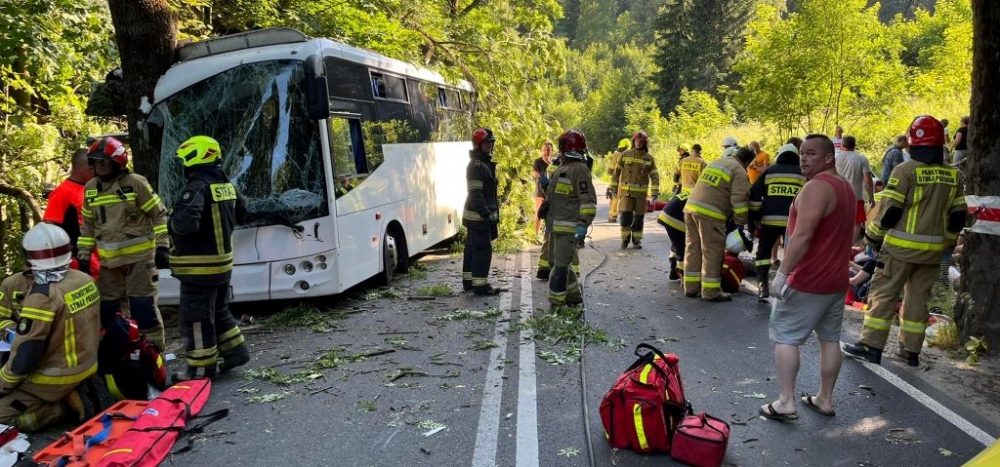 Autobus wycieczkowy uderzył w drzewo. Są ciężko ranni - fot. OSP Pisarzowice