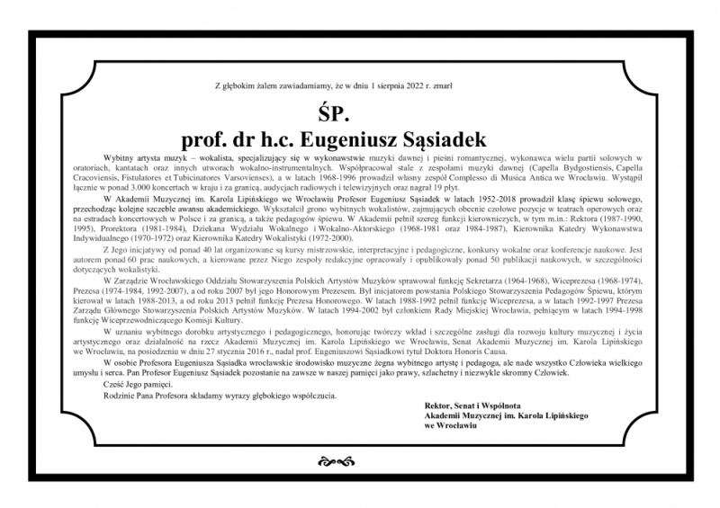 Zmarł Eugeniusz Sąsiadek, rektor AMKL w latach 1987-1990 - (fot. Akademia Muzyczna im. Karola Lipińskiego)