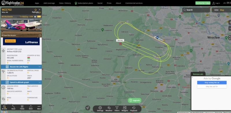 Samolot kilka godzin krążył nad wrocławskim lotniskiem [FILM] - fot. flightradar24.com