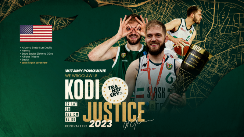 Kodi Justice wraca do koszykarskiego Śląska - fot. mat. prasowe WKS Śląsk Wrocław koszykówka