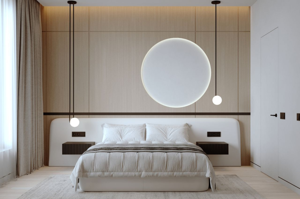 Golden Room projektowanie wnetrz warszawa - nowoczesna jasna sypialnia z jasnym drewnem