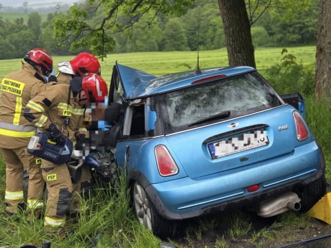 Samochód uderzył w drzewo, a potem w kolejne. Trzy osoby poważnie ranne w wypadku pod Kamienną Górą [ZDJĘCIA] - 1