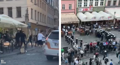 Wielka rozr&oacute;ba w Rynku! Kibice wdali się w bijatykę. Latały krzesła i butelki [WIDEO]