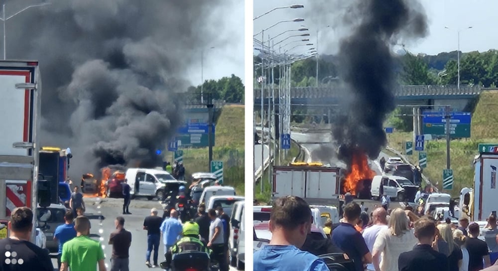 Zderzenie dwóch samochodów na S8, jeden z nich doszczętnie spłonął. Na miejscu ląduje śmigłowiec LPR - Do wypadku doszło na trasie S8 w kierunku Wrocławia. Fot: Czytelnik / Kąty Wrocławskie na sygnale
