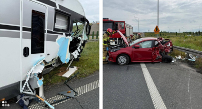 Wypadek na trasie S3 pod Legnicą. Potężne zderzenie osob&oacute;wki i kampera. Są poszkodowani