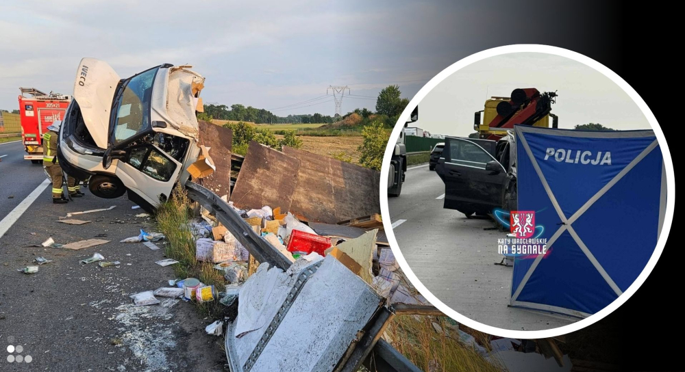 Śmiertelny wypadek na A4 w kierunku Wrocławia, trzy osoby poszkodowane. Ogromne korki również na trasie S8 - Po lewej: wypadek na 38 kilometrze trasy S8, fot: OSP Łozina. Po prawej, śmiertelny wypadek na autostradzie A4, fot: Kąty Wrocławskie na sygnale. Fot: RW