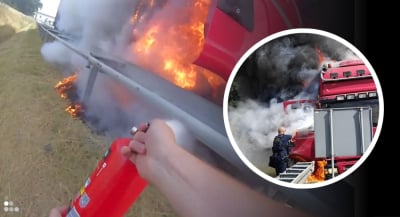 Dramatyczna akcja policjant&oacute;w na A4! Gasili płonącą ciężar&oacute;wkę i wyciągnęli kierowcę z pojazdu