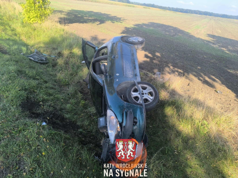 Osobówka wypadła z drogi, kierowca uciekł. Groźny wypadek w gminie Kąty Wrocławskie [ZDJĘCIA] - 9
