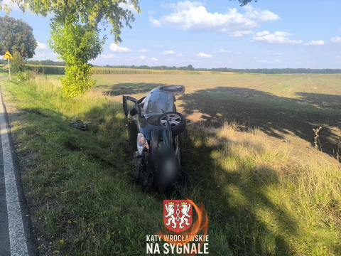 Osobówka wypadła z drogi, kierowca uciekł. Groźny wypadek w gminie Kąty Wrocławskie [ZDJĘCIA] - 4
