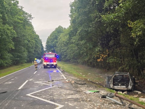 Makabryczny wypadek pod Oleśnicą. Samochód uderzył w przystanek i stanął w ogniu. Kierowca nie żyje - 0