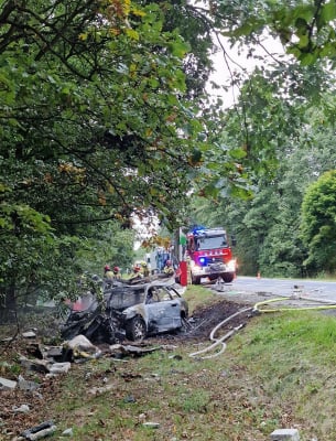 Makabryczny wypadek pod Oleśnicą. Samochód uderzył w przystanek i stanął w ogniu. Kierowca nie żyje - 2