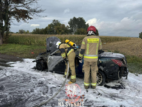Pożar samochodu w Turowie. Kierowca i pasażer próbowali go ugasić, jednak samochód spłonął doszczętnie - 0