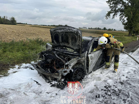 Pożar samochodu w Turowie. Kierowca i pasażer próbowali go ugasić, jednak samochód spłonął doszczętnie - 1