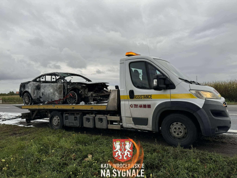 Pożar samochodu w Turowie. Kierowca i pasażer próbowali go ugasić, jednak samochód spłonął doszczętnie - 2