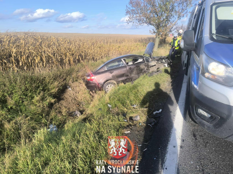 Wypadek na drodze krajowej pod Wrocławiem. Oba samochody wypadły z drogi [ZDJĘCIA] - 9