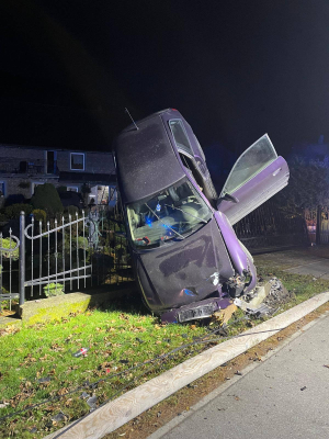 Samochód osobowy zawisnął na ogrodzeniu. Autem podróżowały cztery osoby - 0