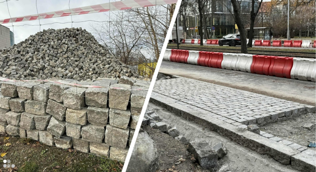 Wielka hałda kostki brukowej pod Sky Tower. Trwa układanie w wyznaczonych miejscach na Powstańców Śląskich [WIDEO] - Kostka brukowa wraca na ulicę Powstańców Śląskich.