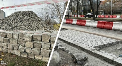 Wielka hałda kostki brukowej pod Sky Tower. Trwa układanie na Powstańc&oacute;w Śląskich