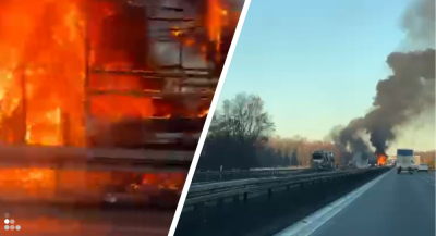 Płomienie i kłęby dymu na autostradzie A4. Spłonął pojazd typu bus, ogromne utrudnienia