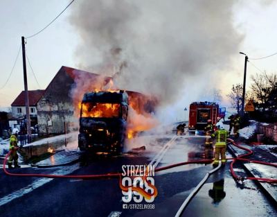 Kabina ciężar&oacute;wki w płomieniach. Pożar na DK 39 w Karczynie