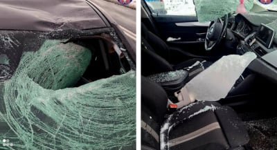O włos od tragedii. Tafla lodu z dachu ciężar&oacute;wki przebiła szybę i raniła dwie osoby