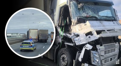 Zderzenie dw&oacute;ch ciężar&oacute;wek na AOW. Zablokowane dwa pasy - duże korki w kierunku Warszawy