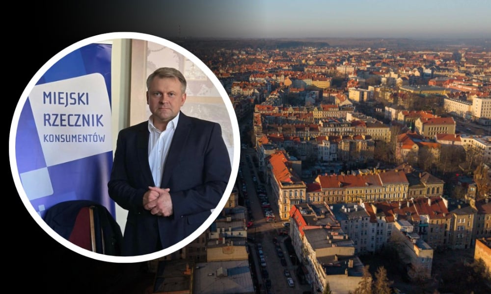 Porady nie tylko w urzędzie. Miejski Rzecznik Konsumentów wychodzi do mieszkańców Legnicy - Rzecznik Konsumentów i Legnica widziana z drona.