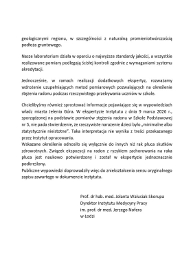 Instytut Medycyny Pracy odcina się od słów prezydenta Jeleniej Góry. Chodzi o promieniotwórczy radon w szkole - 0