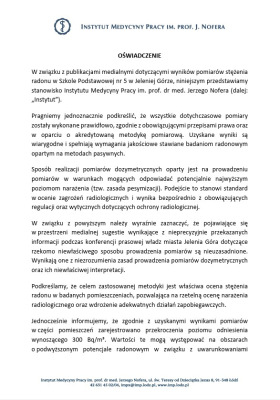 Instytut Medycyny Pracy odcina się od słów prezydenta Jeleniej Góry. Chodzi o promieniotwórczy radon w szkole - 1