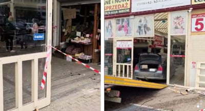Rozpędzone auto staranowało wejście do Pasażu Zielińskiego. Kierującej BMW zaklinował się but...
