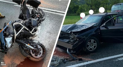 Motocyklista w szpitalu po zderzeniu z samochodem. Droga krajowa numer 5 zablokowana