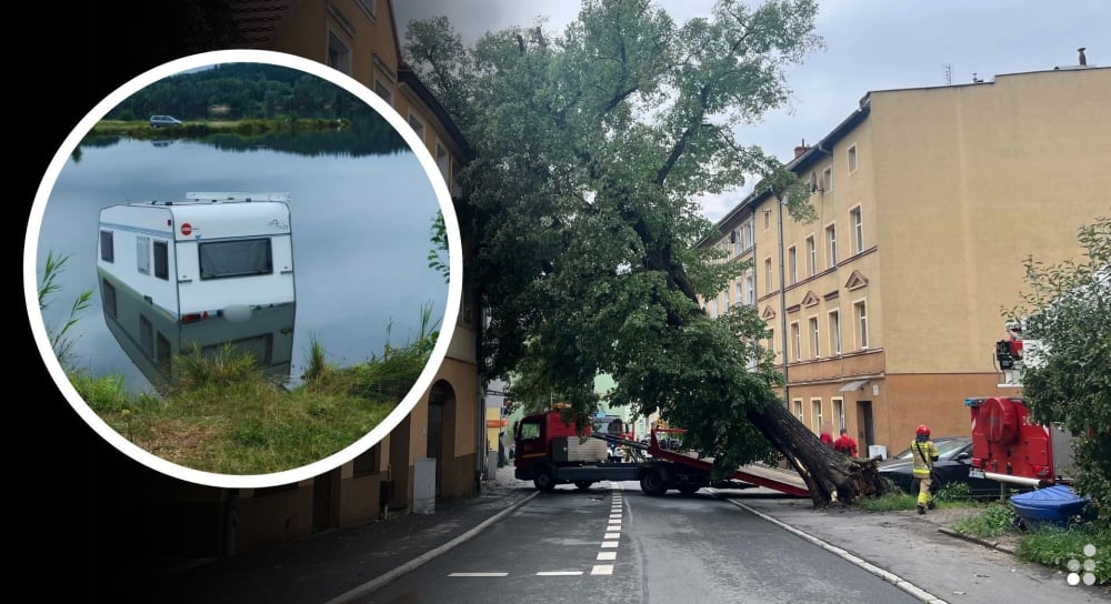 Przyczepa zepchnięta do wody, połamane drzewa i rzeki na ulicach. Ponad 200 interwencji w Jeleniej Górze i okolicy – Ulice pod wodą i powalone drzewa. Nad Jelenią Górą przeszła gwałtowna burza.
